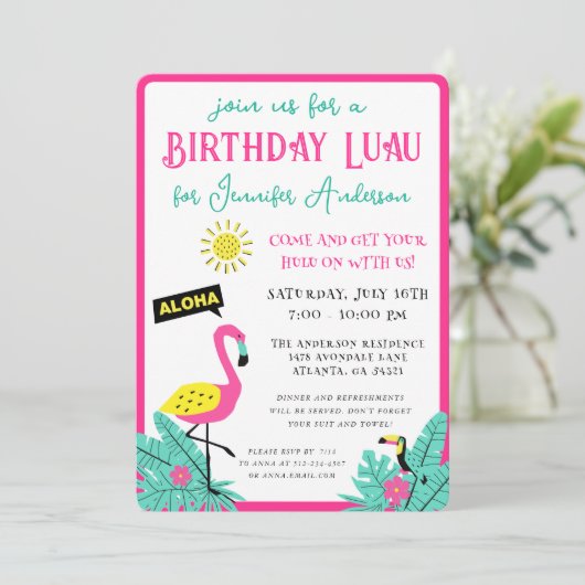 おもしろいモダンアロハトロピカルルアウ(ハワイ式宴会)誕生日 招待状 (スタンド正面)