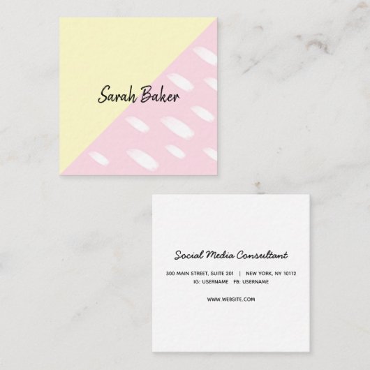 おもしろいモダンイエローピンク水彩ドット スクエア名刺 (正面/裏面)