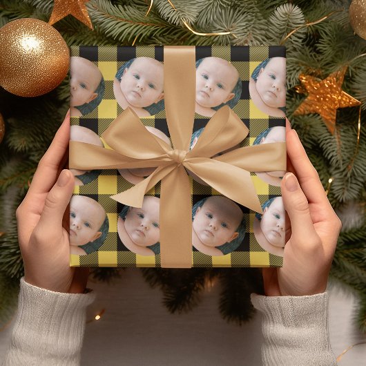 おもしろいモダンイエロープレイド&フォトラッピング紙 ラッピングペーパー