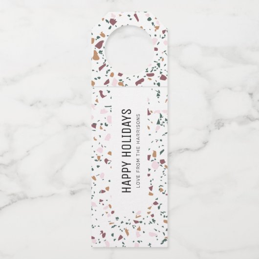 おもしろいモダンカラーズテラゾパターンハッピーホリデー ボトルネックタグ (正面)