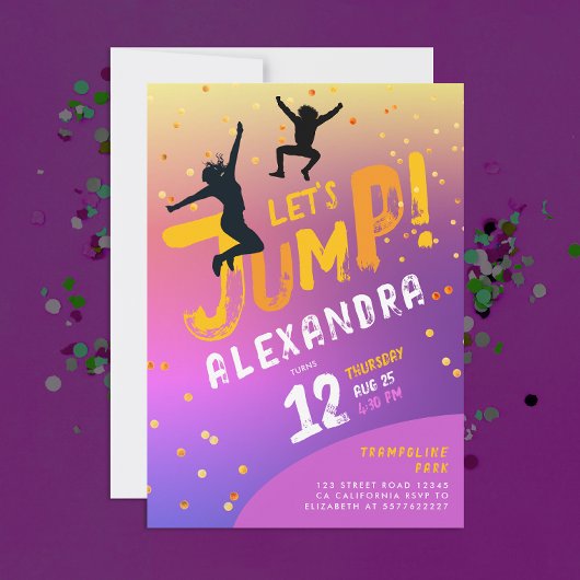 おもしろいモダンカラーパープルピンクトランポリン遊ジャンプ 招待状