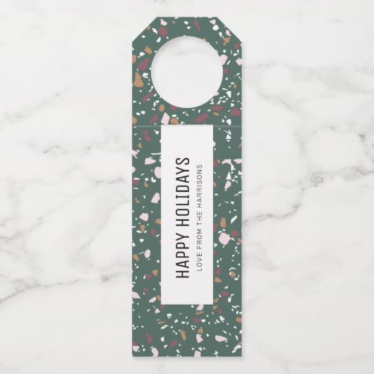 おもしろいモダングリーンテラゾパターンハッピーホリデイズ ボトルネックタグ (正面)