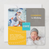 おもしろいモダンスクウェアONEフォト男の赤ちゃん1st誕生日 招待状 (正面)