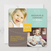 おもしろいモダンスクエアワンベビーツインズ1st誕生日 招待状 (正面)