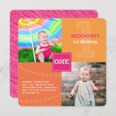 おもしろいモダンスクエアONEフォトベビーガール1st誕生日 招待状 (正面/裏面)