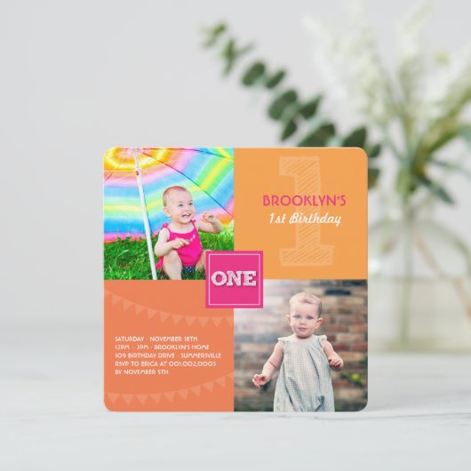 おもしろいモダンスクエアONEフォトベビーガール1st誕生日 招待状 (スタンド正面)
