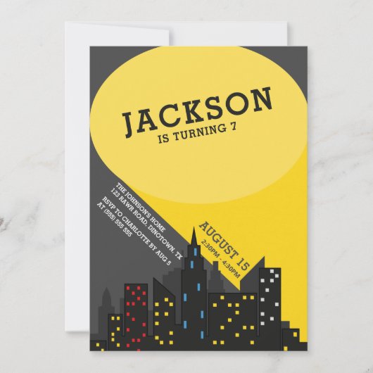 おもしろいモダンスーパーヒーローボーイズ誕生日 招待状 (正面)