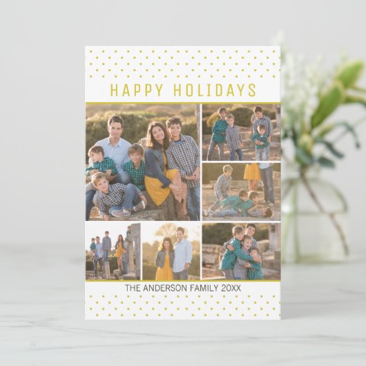 おもしろいモダンハッピーホリデー金ゴールド水玉模様7 Photo シーズンカード (スタンド正面)
