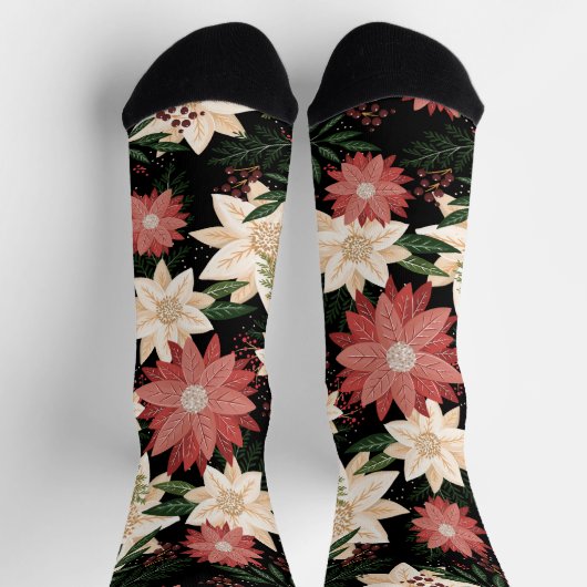 おもしろいモダンフェスティバルクリスマスポインセティアホリデイ ソックス (上部)
