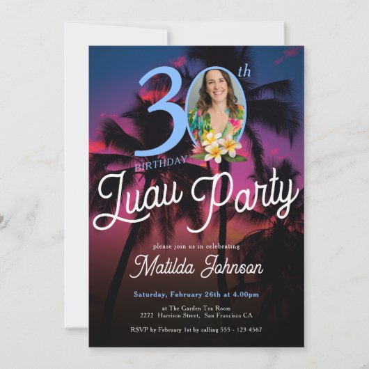 おもしろいモダンフォトルアウ(ハワイ式宴会)パーティー30歳の誕生日 招待状 (正面)