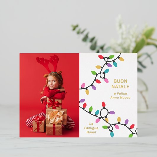 おもしろいモダンブオンナターレクリスマスライト写真 箔シーズンカード (立ち正面)