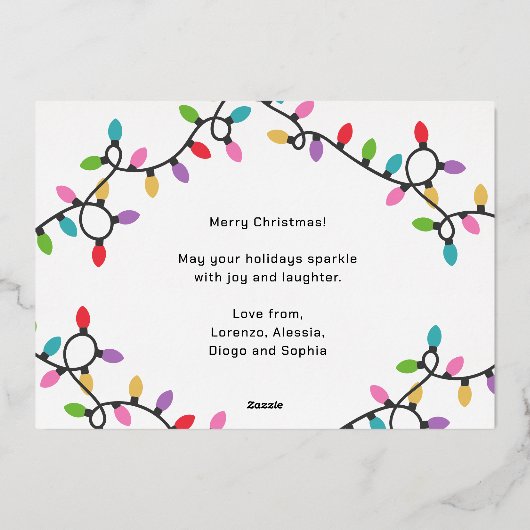 おもしろいモダンブオンナターレクリスマスライト写真 箔シーズンカード (裏面)