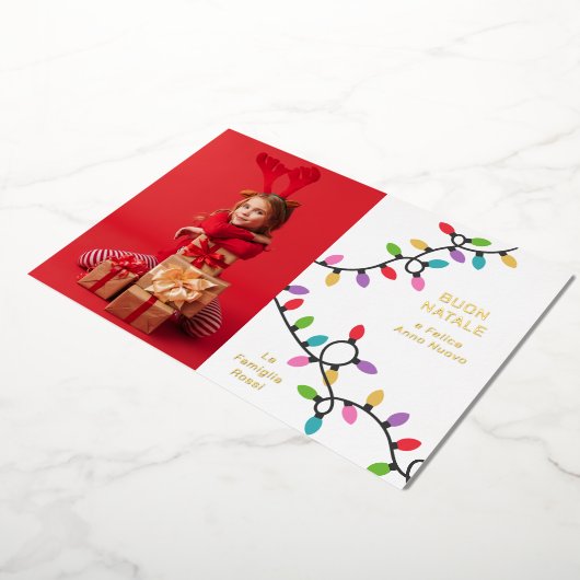 おもしろいモダンブオンナターレクリスマスライト写真 箔シーズンカード (回転した状態)