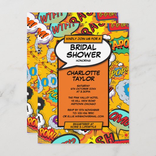 おもしろいモダンブライダルシャワー漫画帳 インビテーションポストカード (正面/裏面)