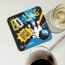 おもしろいモダンブルーカラフルストライクボーリングスターパーティー スクエアペーパーコースター