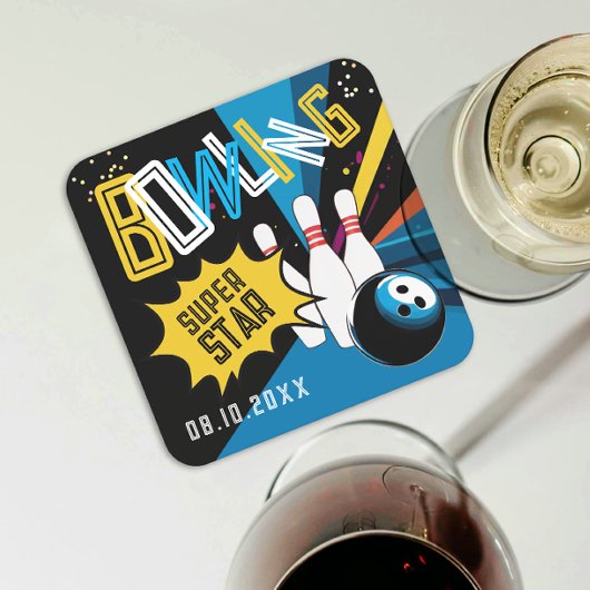 おもしろいモダンブルーカラフルストライクボーリングスターパーティー スクエアペーパーコースター