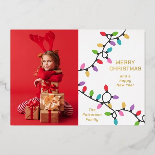 おもしろいモダンメリークリスマスフェスティバルライト写真 箔シーズンカード (正面)