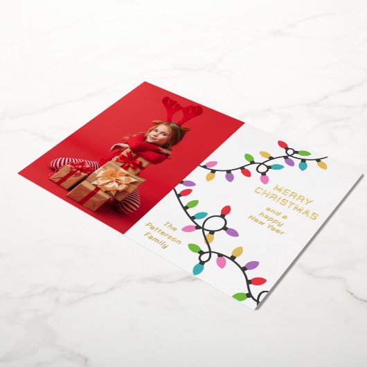 おもしろいモダンメリークリスマスフェスティバルライト写真 箔シーズンカード (回転した状態)