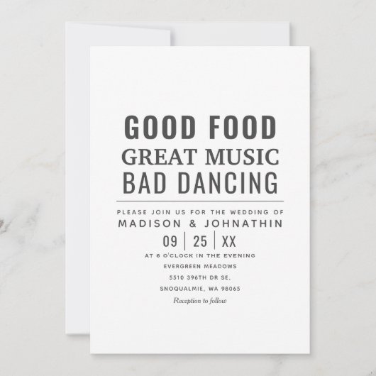 おもしろいモダンユーモアのある黒と白結婚の 招待状 (正面)