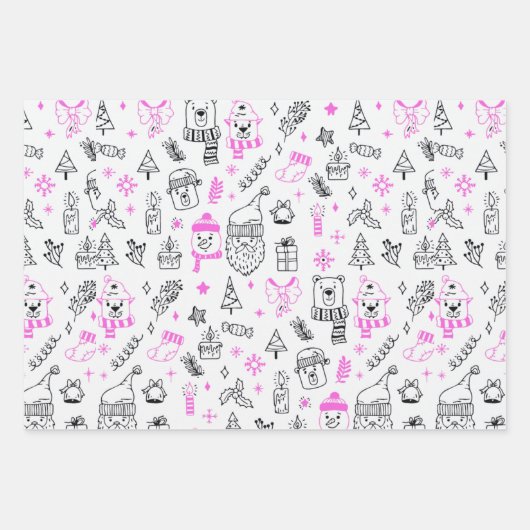 おもしろいモダンラインスケッチホリデーテーマクリスマス ラッピングペーパーシート (正面)