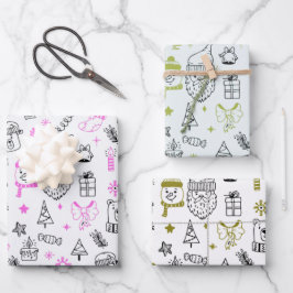 おもしろいモダンラインスケッチホリデーテーマクリスマス ラッピングペーパーシート