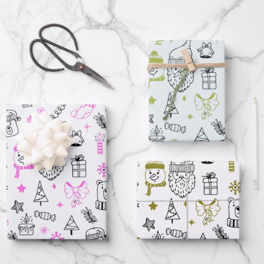 おもしろいモダンラインスケッチホリデーテーマクリスマス ラッピングペーパーシート (正面)