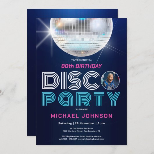 おもしろいモダンレトロフォトディスコパーティー80誕生日 招待状 (正面/裏面)