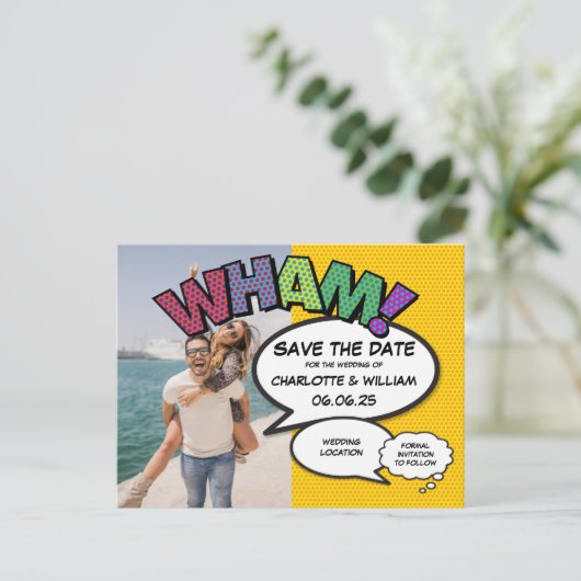 おもしろいモダン写真の結婚式の日付の保存 案内ポストカード (スタンド正面)