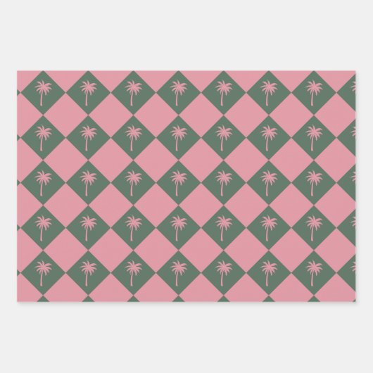 おもしろいモダン名門私立校風のトロピカルピンク&グリーンパーム ラッピングペーパーシート (正面2)