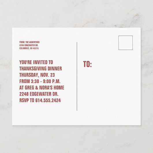 おもしろいモダン型感謝祭の招待状 インビテーションポストカード (裏面)