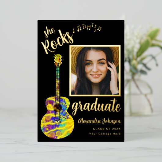 おもしろいモダン大学院フォトグラードパーティーブラック&金ゴールド 箔招待状 (立ち正面)