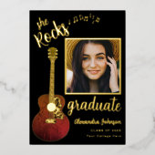 おもしろいモダン大学院フォトスクリプトブラックと金ゴールド 箔招待状 (正面)