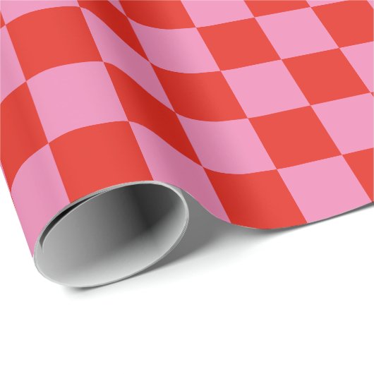 おもしろいモダン市松模様に赤+ホットピンク ラッピングペーパー (ロールコーナー)