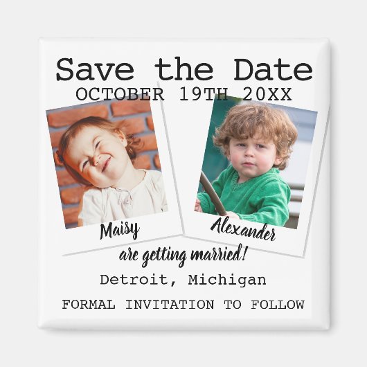 おもしろいモダン幼少期の写真結婚式の日付を保存 マグネット (正面)