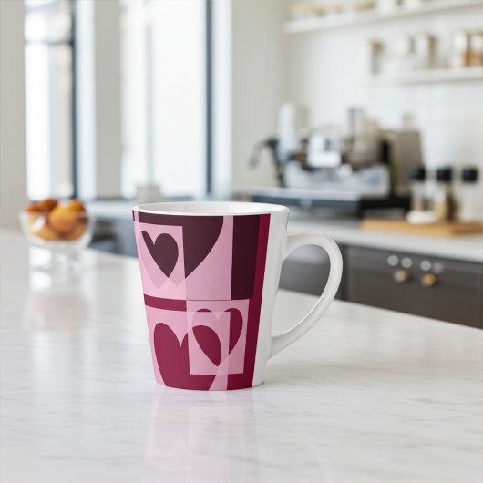 おもしろいモダン幾何学的ソフトピンク、ワイン赤いハートアート カフェラテマグ