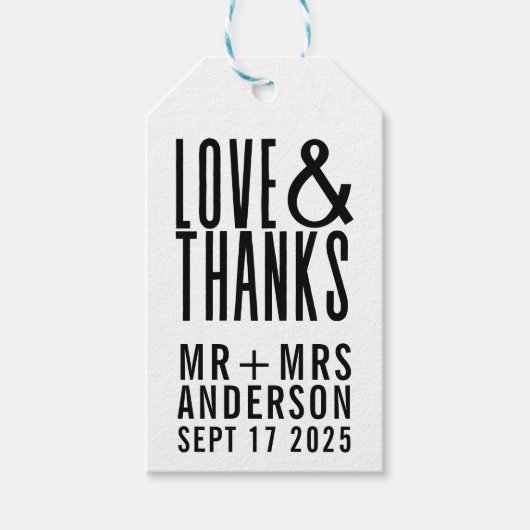 おもしろいモダン愛と写感謝してい真結婚式の引き出物 ギフトタグ (正面)