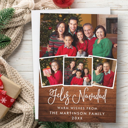 おもしろいモダン書道ウッド4写真Feliz Navidad シーズンカード