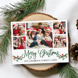 おもしろいモダン書道クリスマスホリー5写真 ポストカード<br><div class="desc">おもしろいモダン書道台本5写真家族フォトコラージメリークリスマスハガキに水彩クリスマスホリーベリーが含まれる – 緑の台本</div>
