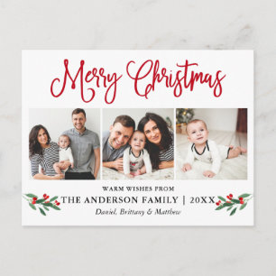 おもしろいモダン書道クリスマスレッドホリー3枚写真 ポストカード