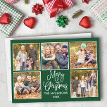 おもしろいモダン書道グリーン5写真クリスマス シーズンカード<br><div class="desc">おもしろいモダン書道台本メリークリスマス5写真コラージホリデーカード – 森の緑の背景</div>