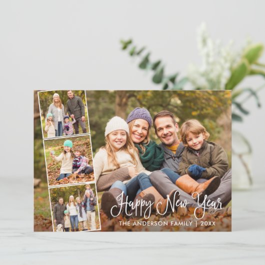 おもしろいモダン書道新年おめでとうの4枚の写真 シーズンカード (スタンド正面)