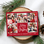 おもしろいモダン書道赤5写真クリスマス ポストカード<br><div class="desc">おもしろいモダン書道台本メリークリスマス5写真コラージュ休日はがき – 赤い背景</div>