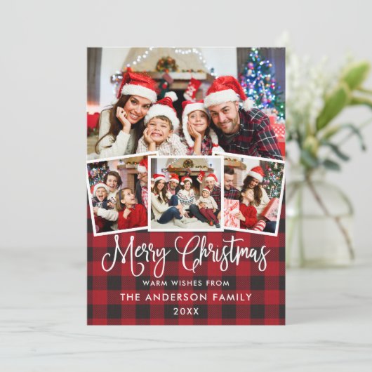 おもしろいモダン書道4写真クリスマスレッドプレイド シーズンカード (スタンド正面)