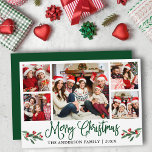 おもしろいモダン書道5写真クリスマスグリーン シーズンカード<br><div class="desc">おもしろいモダン書道台本5写真ファミリーフォトコラージメリークリスマスカードは水色クリスマスホリーベリーを含む – 緑の台本</div>
