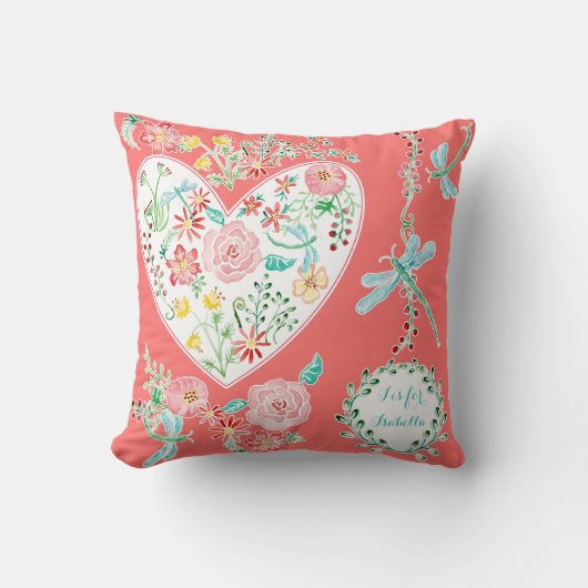 おもしろいモダン水彩フローラハートトンボアート クッション (正面)