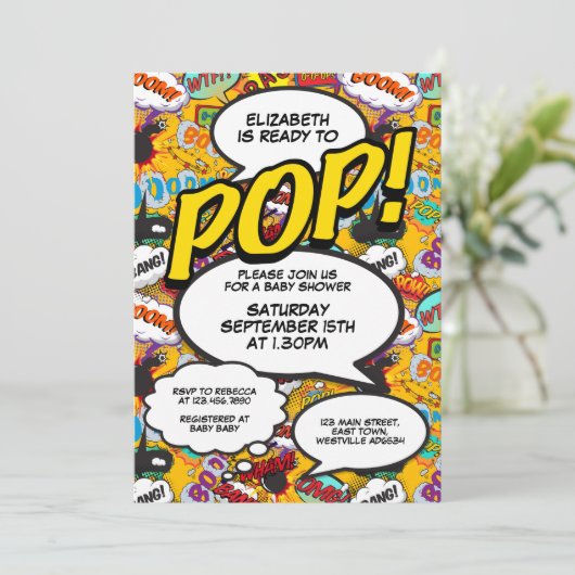 おもしろいモダン準備完了のベビポップ・アートのーシャワー漫画写真 招待状 (スタンド正面)