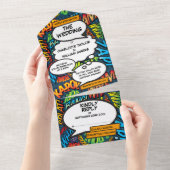 おもしろいモダン漫画ブックタイプ結婚ログラフィー オールインワン招待状 (貼ってはがせる)