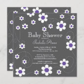 おもしろいモダン紫色の花フローラ女の子ベビーシャワー 招待状 (正面/裏面)