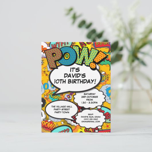 おもしろいモダン誕生会漫画書 インビテーションポストカード (スタンド正面)