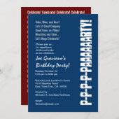 おもしろいモダン誕生日ネイビーブルーホワイトレッドテンプレート 招待状 (正面/裏面)